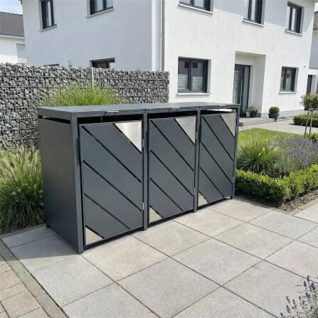 Metzler Mülltonnenbox mit Edelstahl Akzenten | 3er | 240l | Anthrazit | mit Sichtstreifen | rostfrei & massiv