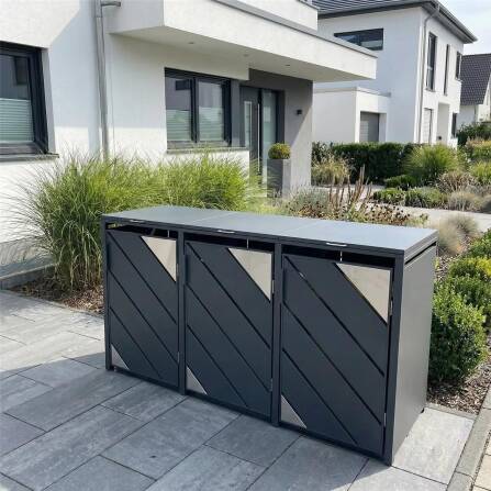 Metzler Mülltonnenbox mit Edelstahl Akzenten | 3er | 240l | Anthrazit | mit Sichtstreifen | rostfrei & massiv