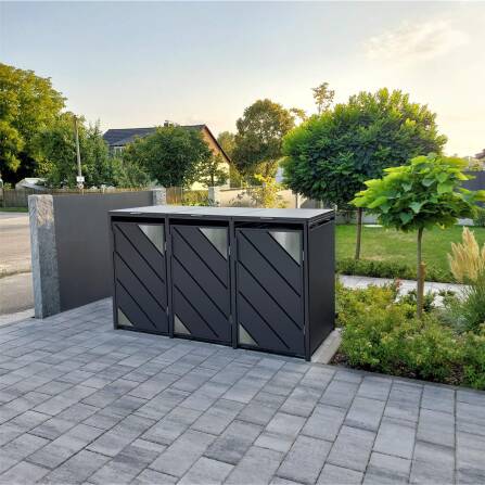 Metzler Mülltonnenbox mit Edelstahl Akzenten | 3er | 240l | Anthrazit | mit Sichtstreifen | rostfrei & massiv