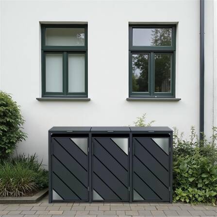 Metzler Mülltonnenbox mit Edelstahl Akzenten | 3er | 240l | Anthrazit | mit Sichtstreifen | rostfrei & massiv