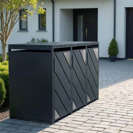 Metzler Mülltonnenbox mit Edelstahl Akzenten | 3er | 240l | Anthrazit | mit Sichtstreifen | rostfrei & massiv