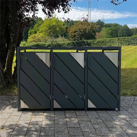 Metzler Mülltonnenbox mit Edelstahl Akzenten | 3er | 240l | Anthrazit | mit Sichtstreifen | rostfrei & massiv