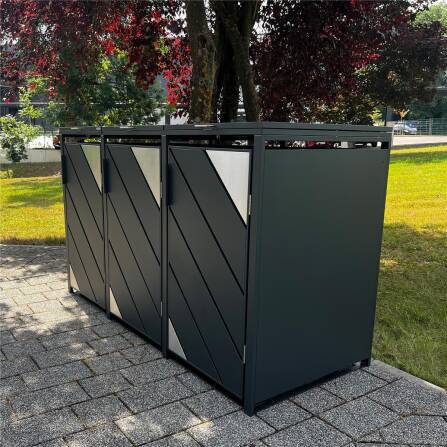 Metzler Mülltonnenbox mit Edelstahl Akzenten | 3er | 240l | Anthrazit | mit Sichtstreifen | rostfrei & massiv