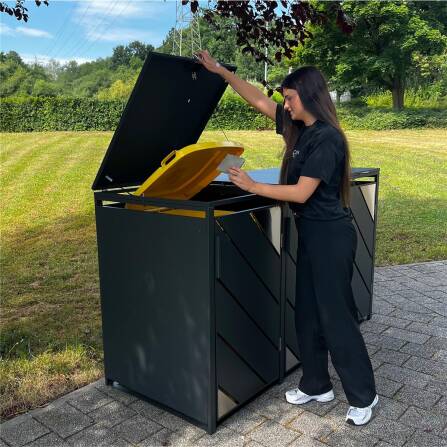 Metzler Mülltonnenbox mit Edelstahl Akzenten | 3er | 240l | Anthrazit | mit Sichtstreifen | rostfrei & massiv