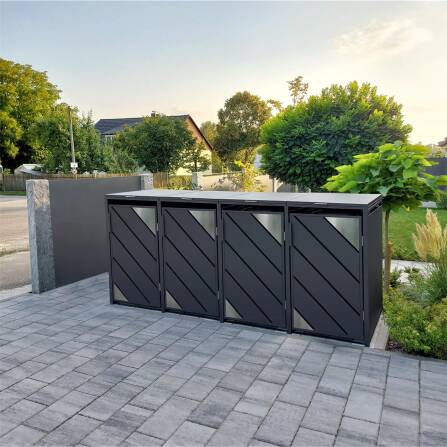 Metzler Mülltonnenbox mit Edelstahl Akzenten | 4er | 240l | Anthrazit | mit Sichtstreifen | rostfrei & massiv