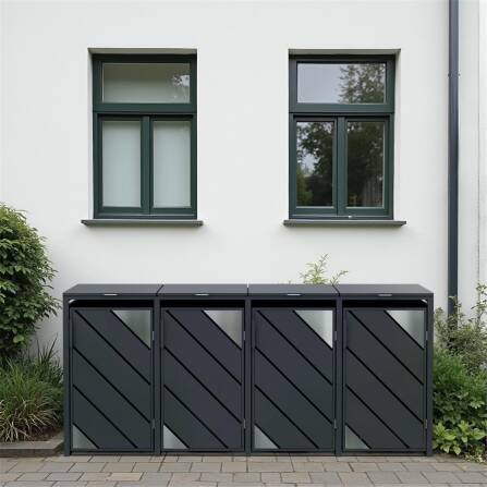 Metzler Mülltonnenbox mit Edelstahl Akzenten | 4er | 240l | Anthrazit | mit Sichtstreifen | rostfrei & massiv