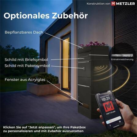 Metzler Paketbox mit 2 Briefkästen mit austauschbaren Namensschildern | Eisenglimmer | für Pakete bis zur Größe M | Bispo RE