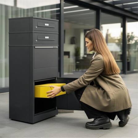 Metzler Paketbox mit 2 Briefkästen mit austauschbaren Namensschildern | Eisenglimmer | für Pakete bis zur Größe M | Bispo RE