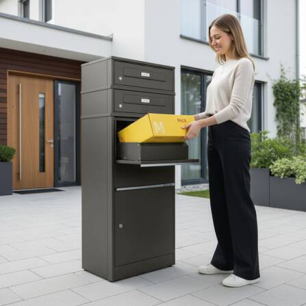 Metzler Paketbox mit 2 Briefkästen mit austauschbaren Namensschildern | Eisenglimmer | für Pakete bis zur Größe M | Bispo RE