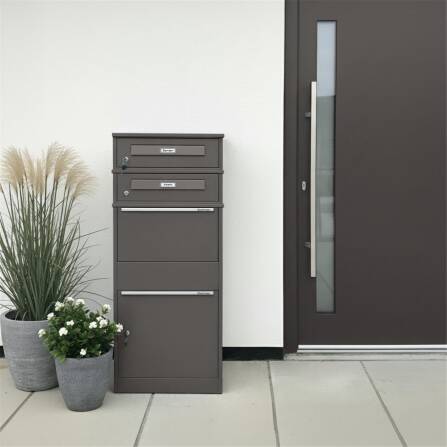 Metzler Paketbox mit 2 Briefkästen mit austauschbaren Namensschildern | Eisenglimmer | für Pakete bis zur Größe M | Bispo RE