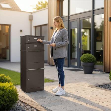 Metzler Paketbox mit 2 Briefkästen mit austauschbaren Namensschildern | Eisenglimmer | für Pakete bis zur Größe M | Bispo RE