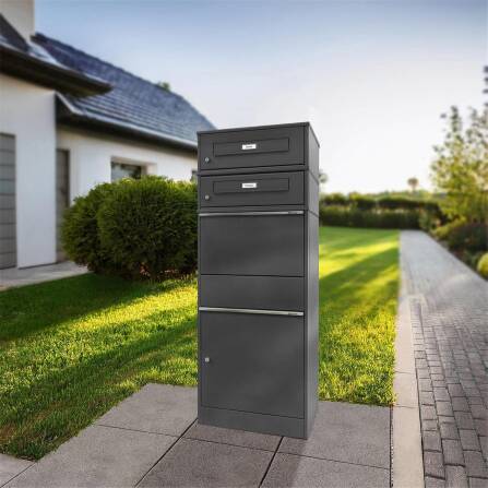 Metzler Paketbox mit 2 Briefkästen mit austauschbaren Namensschildern | Eisenglimmer | für Pakete bis zur Größe M | Bispo RE