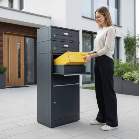 Metzler Paketbox mit 2 Briefkästen mit austauschbaren Namensschildern | Anthrazit | für Pakete bis zur Größe M | Bispo RE