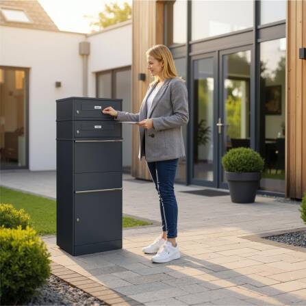 Metzler Paketbox mit 2 Briefkästen mit austauschbaren Namensschildern | Anthrazit | für Pakete bis zur Größe M | Bispo RE