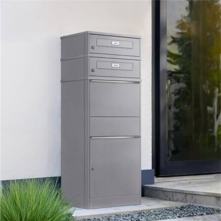 Metzler Paketbox mit 2 Briefkästen mit austauschbaren Namensschildern | für Pakete bis zur Größe M | Grau | Bispo RE