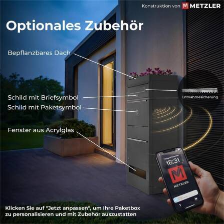 Metzler Paketbox mit 2 Briefkästen mit austauschbaren Namensschildern | für Pakete bis zur Größe M | Grau | Bispo RE