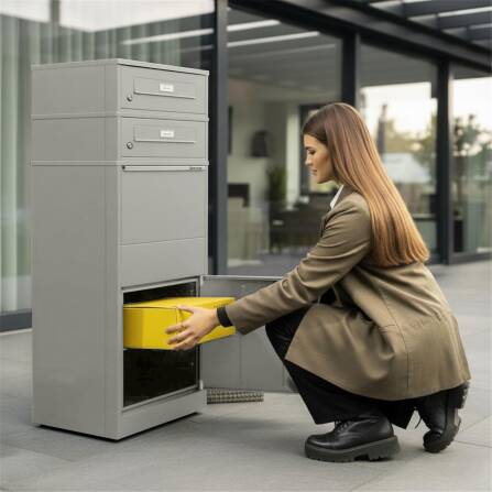 Metzler Paketbox mit 2 Briefkästen mit austauschbaren Namensschildern | für Pakete bis zur Größe M | Grau | Bispo RE