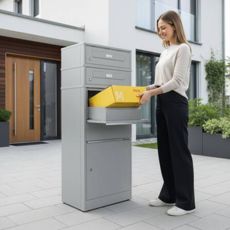 Metzler Paketbox mit 2 Briefkästen mit austauschbaren Namensschildern | für Pakete bis zur Größe M | Grau | Bispo RE