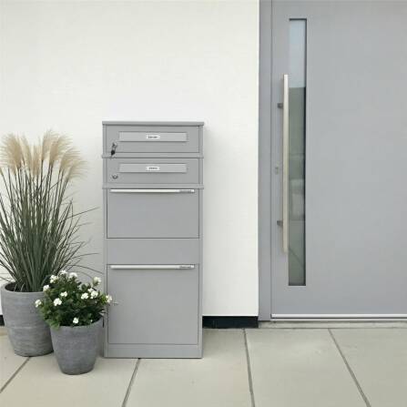 Metzler Paketbox mit 2 Briefkästen mit austauschbaren Namensschildern | für Pakete bis zur Größe M | Grau | Bispo RE