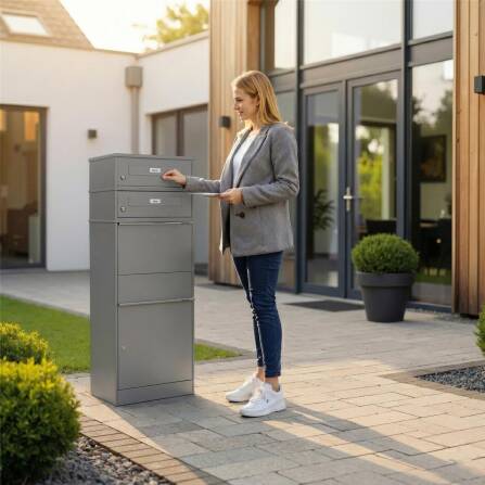 Metzler Paketbox mit 2 Briefkästen mit austauschbaren Namensschildern | für Pakete bis zur Größe M | Grau | Bispo RE