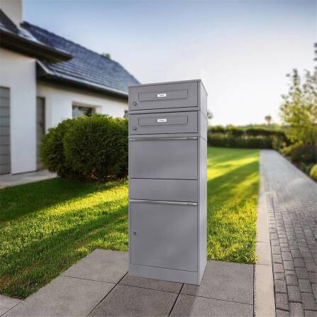 Metzler Paketbox mit 2 Briefkästen mit austauschbaren Namensschildern | für Pakete bis zur Größe M | Grau | Bispo RE