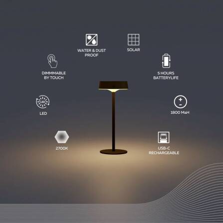 Akkuleuchte | Parma | Solar | Mit Dimmfunktion | Schwarz