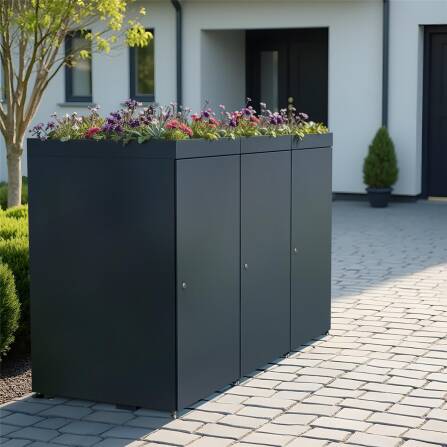 Metzler Mülltonnenbox mit Pflanzdach | 3er | 240l | aus Aluminium | rostfrei & massiv | Anthrazit RAL 7016