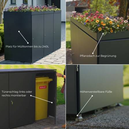 Metzler Mülltonnenbox mit Pflanzdach | 4er | 240l | aus Aluminium | rostfrei & massiv | Anthrazit RAL 7016