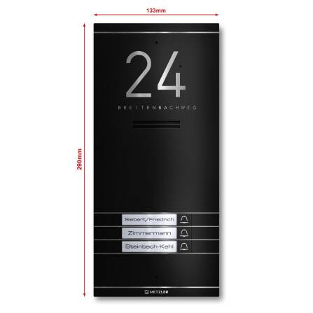 Metzler ADM10 Audio-Türsprechanlage | 3 Klingeltaster | Mit austauschbarem Namensschild | Schwarz | Kai