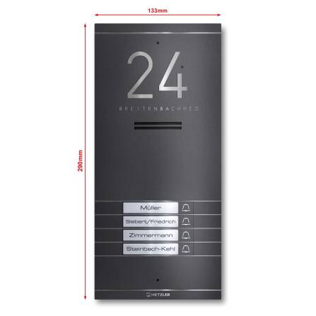 Metzler ADM10 Audio-Türsprechanlage | 4 Klingeltaster | Mit austauschbarem Namensschild | Eisenglimmer | Kai