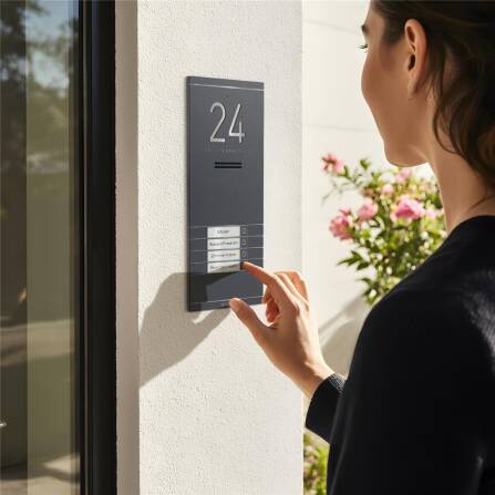 Metzler ADM10 Audio-Türsprechanlage | 4 Klingeltaster | Mit austauschbarem Namensschild | Eisenglimmer | Kai