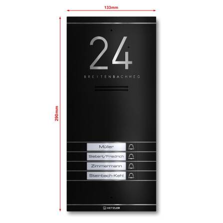 Metzler ADM10 Audio-Türsprechanlage | 4 Klingeltaster | Mit austauschbarem Namensschild | Schwarz | Kai