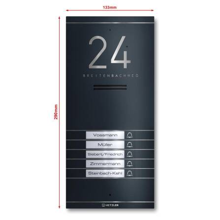 Metzler ADM10 Audio-Türsprechanlage | 5 Klingeltaster | Mit austauschbarem Namensschild | Anthrazit | Kai