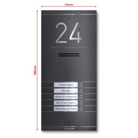 Metzler ADM10 Audio-Türsprechanlage | 5 Klingeltaster | Mit austauschbarem Namensschild | Eisenglimmer | Kai