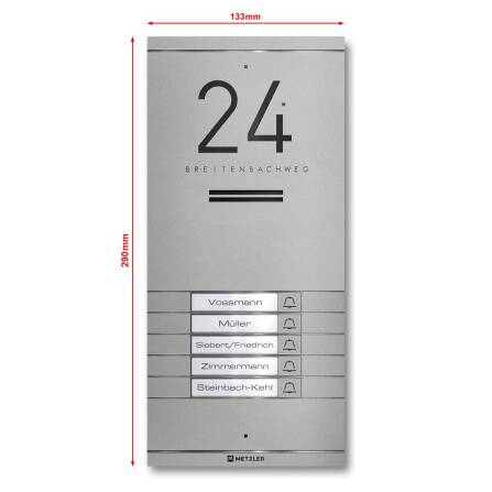 Metzler ADM10 Audio-Türsprechanlage | 5 Klingeltaster | Mit austauschbarem Namensschild | Grau | Kai