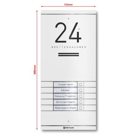 Metzler ADM10 Audio-Türsprechanlage | 5 Klingeltaster | Mit austauschbarem Namensschild | Weiß | Kai