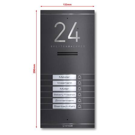 Metzler ADM10 Audio-Türsprechanlage | 6 Klingeltaster | Mit austauschbarem Namensschild | Eisenglimmer | Kai