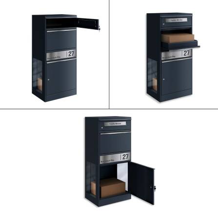 Paketbox mit Briefkasten | mit seitlichen Sichtfenstern | personalisiert mit Gravur | Edelstahl-Namensschild | Anthrazit | Bispo 2 SF