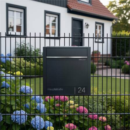 Metzler Briefkasten für Zaunmontage | Zaunbriefkasten |  personalisiert mit Gravur | Anthrazit RAL 7016 | Emma