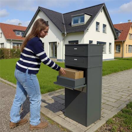 Metzler Paketbox mit 2 Briefkästen | Entnahme auf der Rückseite | personalisiert mit Gravur | austauschbares Namensschild | Anthrazit | Zivo 2