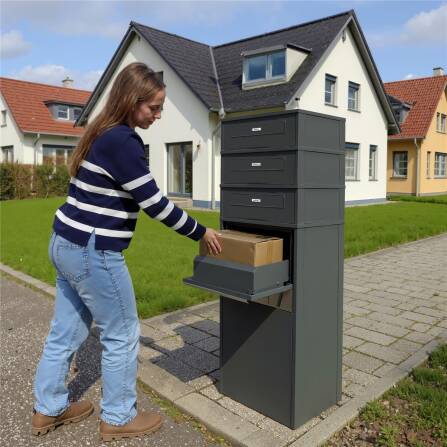 Metzler Paketbox mit 3 Briefkästen | Entnahme auf der Rückseite | personalisiert mit Gravur | austauschbares Namensschild | Anthrazit | Zivo 2