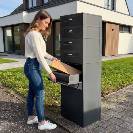 Metzler Paketbox mit 4 Briefkästen | Entnahme auf der Rückseite | personalisiert mit Gravur | austauschbares Namensschild | Anthrazit | Zivo 2