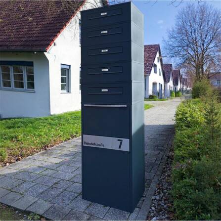 Metzler Paketbox mit 5 Briefkästen | Entnahme auf der Rückseite | personalisiert mit Gravur | austauschbares Namensschild | Anthrazit | Zivo 2