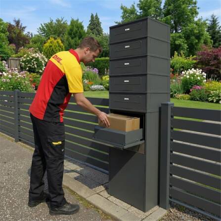 Metzler Paketbox mit 5 Briefkästen | Entnahme auf der Rückseite | personalisiert mit Gravur | austauschbares Namensschild | Anthrazit | Zivo 2