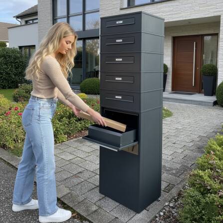 Metzler Paketbox mit 5 Briefkästen | Entnahme auf der Rückseite | personalisiert mit Gravur | austauschbares Namensschild | Anthrazit | Zivo 2