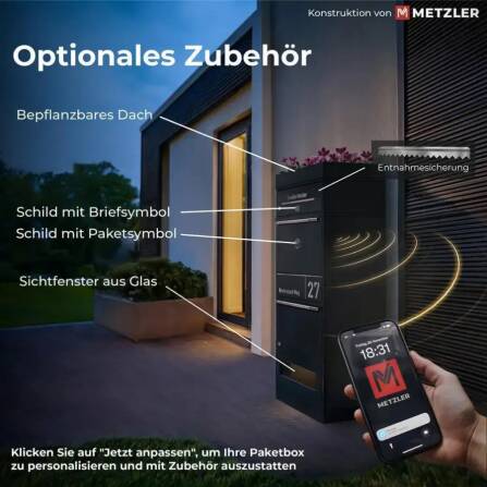 Metzler Paketbox mit Briefkasten | personalisiert mit Gravur | Edelstahl-Namensschild | mit Briefeinwurf | Anthrazit | Taren