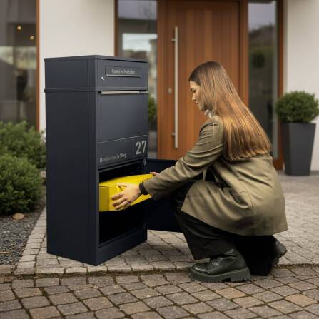 Metzler Paketbox mit Briefkasten | personalisiert mit Gravur | Edelstahl-Namensschild | mit Briefeinwurf | Anthrazit | Taren