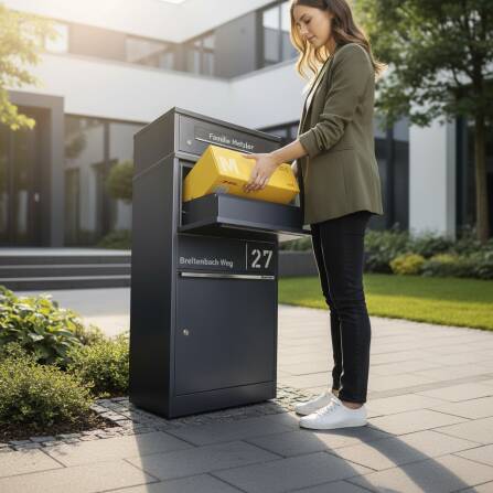Metzler Paketbox mit Briefkasten | personalisiert mit Gravur | Edelstahl-Namensschild | mit Briefeinwurf | Anthrazit | Taren