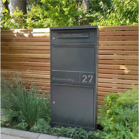Metzler Paketbox mit Briefkasten | personalisiert mit Gravur | Edelstahl-Namensschild | mit Briefeinwurf | Eisenglimmer | Taren