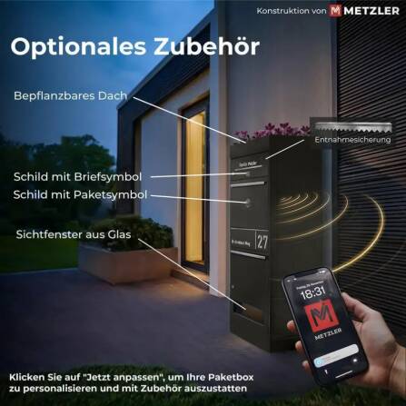 Metzler Paketbox mit Briefkasten | personalisiert mit Gravur | Edelstahl-Namensschild | mit Briefeinwurf | Eisenglimmer | Taren